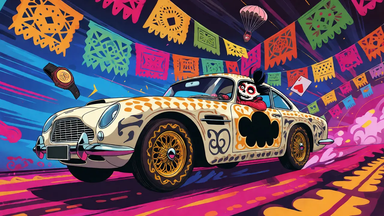 Ornate skeleton-themed Aston Martin speeding through colorful papel picado banners.