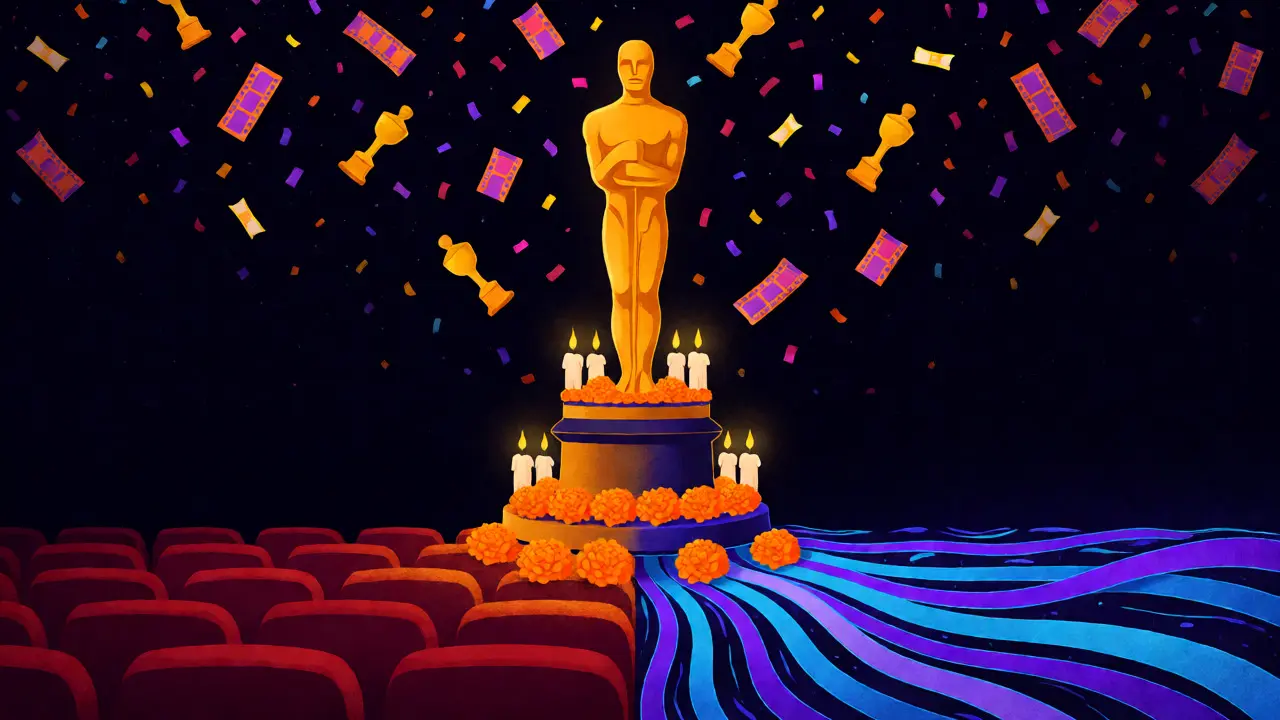 Oscar statue bridging cinema and streaming in Day of the Dead aesthetic