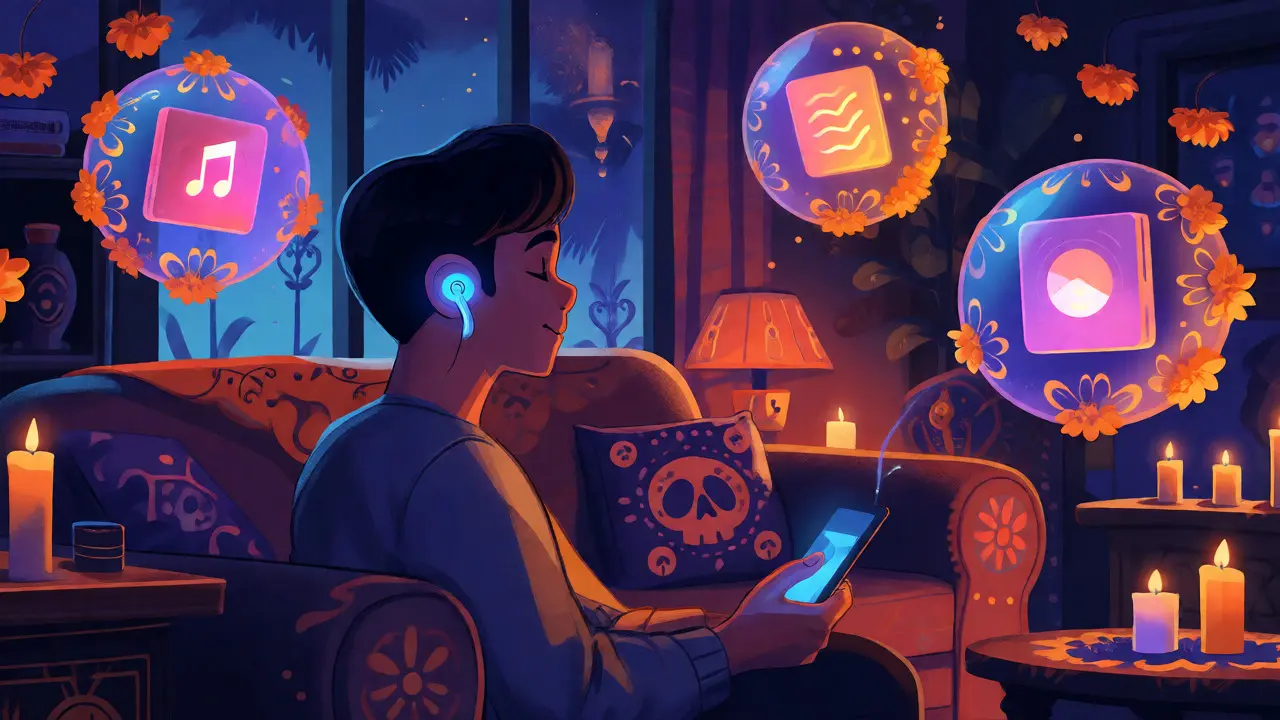 Person listening to audio with glowing earbuds surrounded by floating musical and podcast orbs.