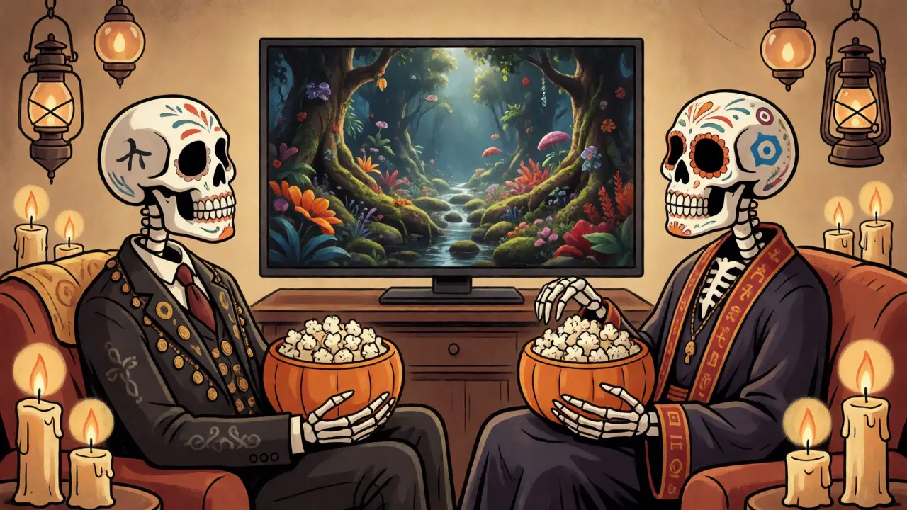 Skeletal figures in Day of the Dead attire watching high-quality 4K streaming