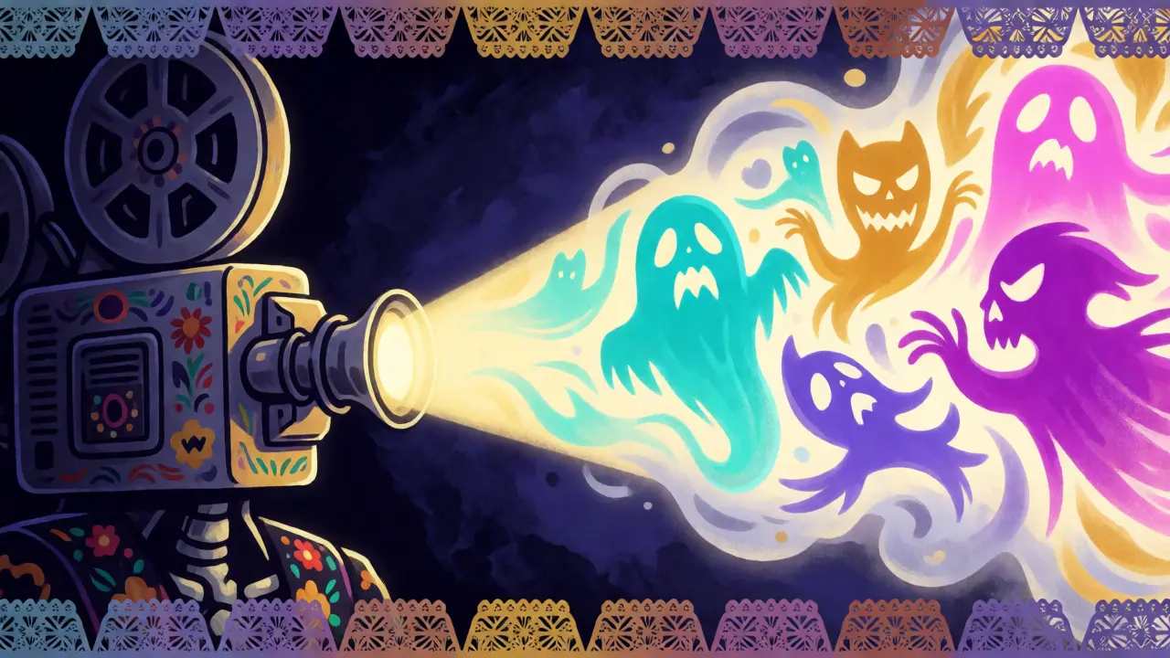 Skeletal projector emitting colorful horror imagery in Day of the Dead style