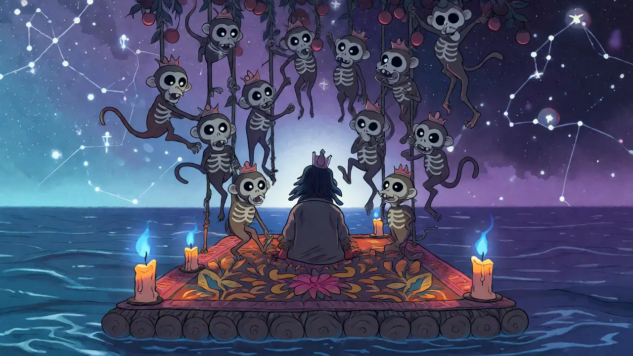 Skeleton emperor on a raft surrounded by monkey spirits under a starry sky.