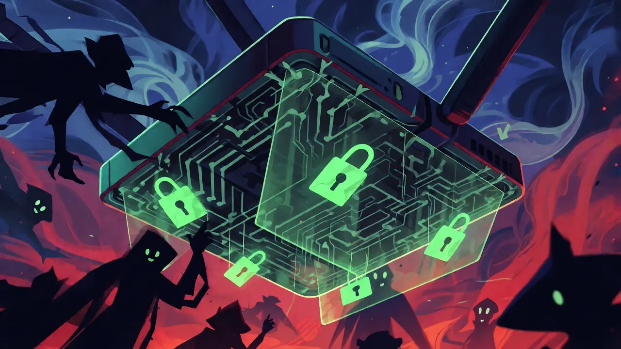 Skeleton-themed router emitting a security shield against hacker silhouettes.