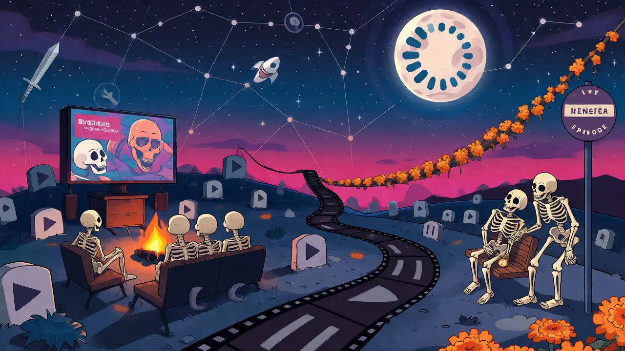 Skeletons watching TV and waiting for episodes in a film-tape graveyard landscape.