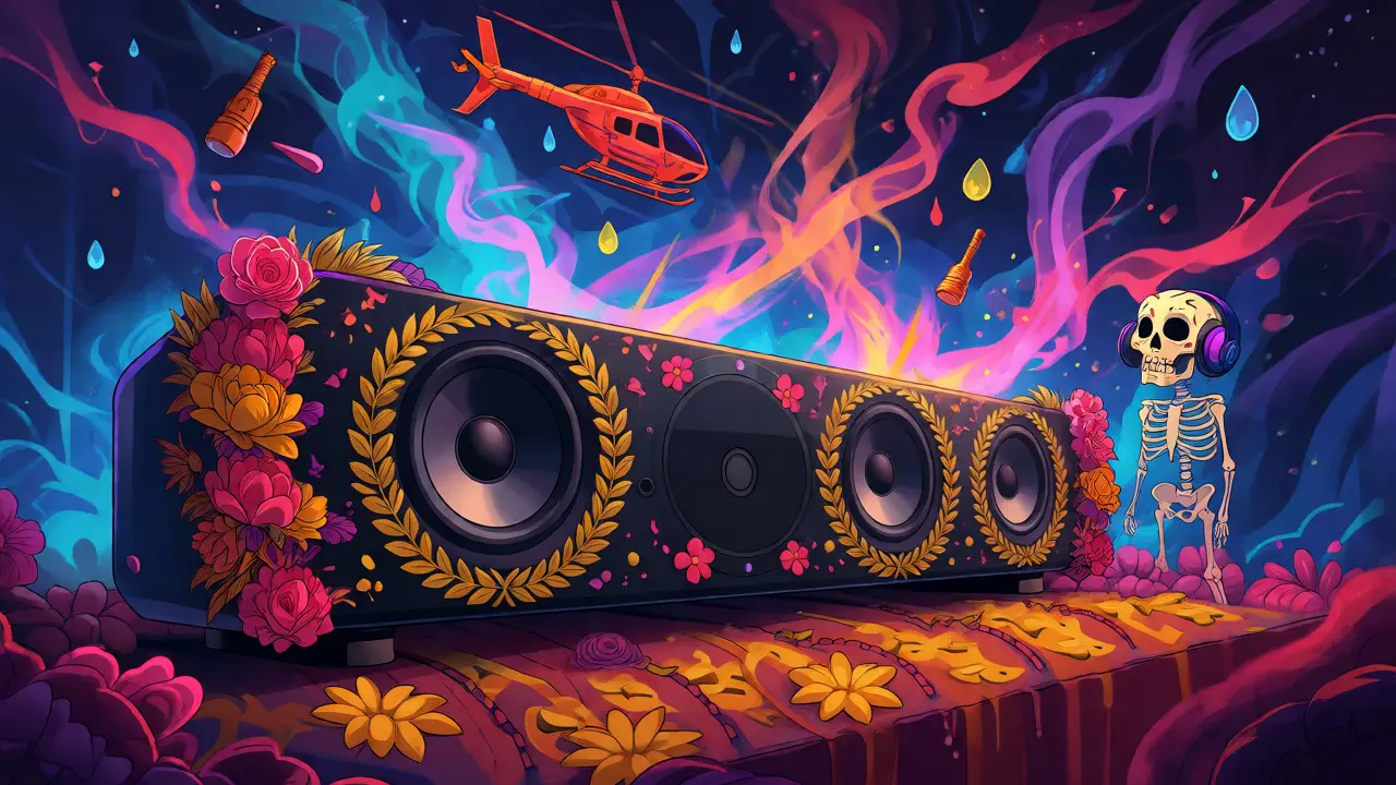 Soundbar emitting colorful smoke shapes representing Dolby Atmos audio.