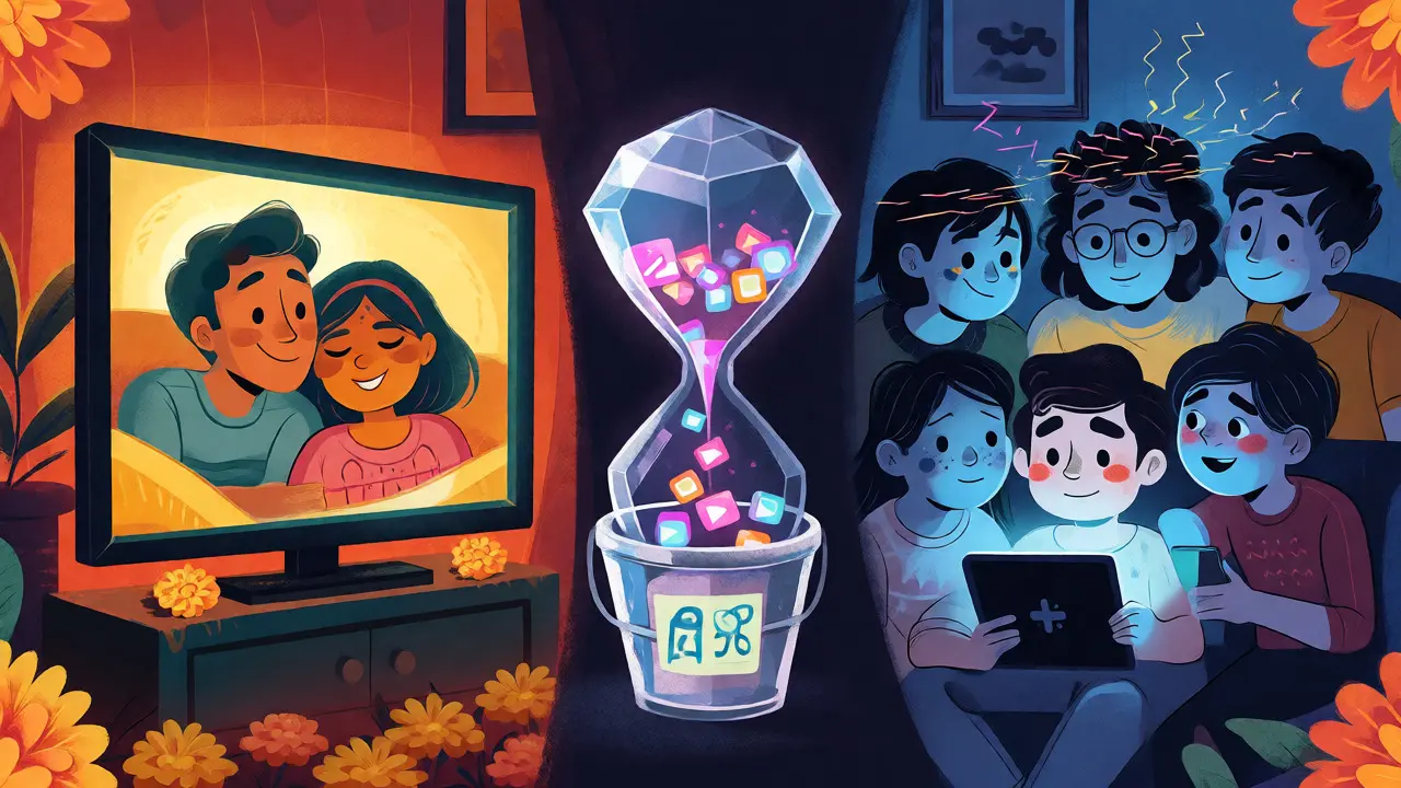 Split illustration contrasting peaceful shared viewing with chaotic overcrowded device usage.