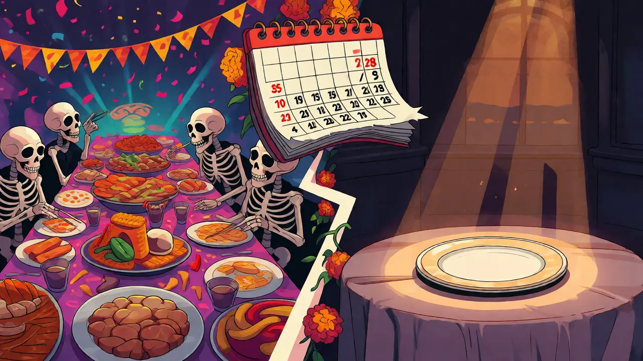 Split scene contrasting a chaotic buffet and a fine dining plate in Day of the Dead illustration style.