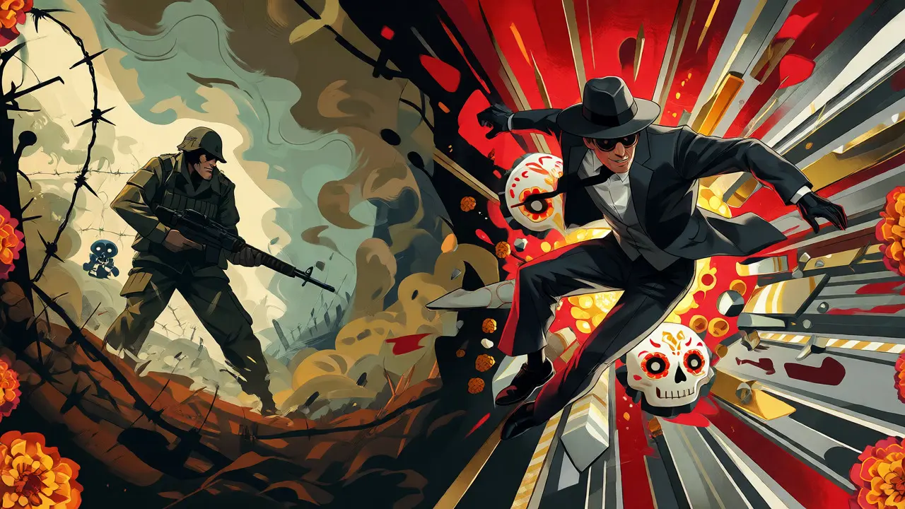 Split scene showing war soldier and spy in colorful illustrative style