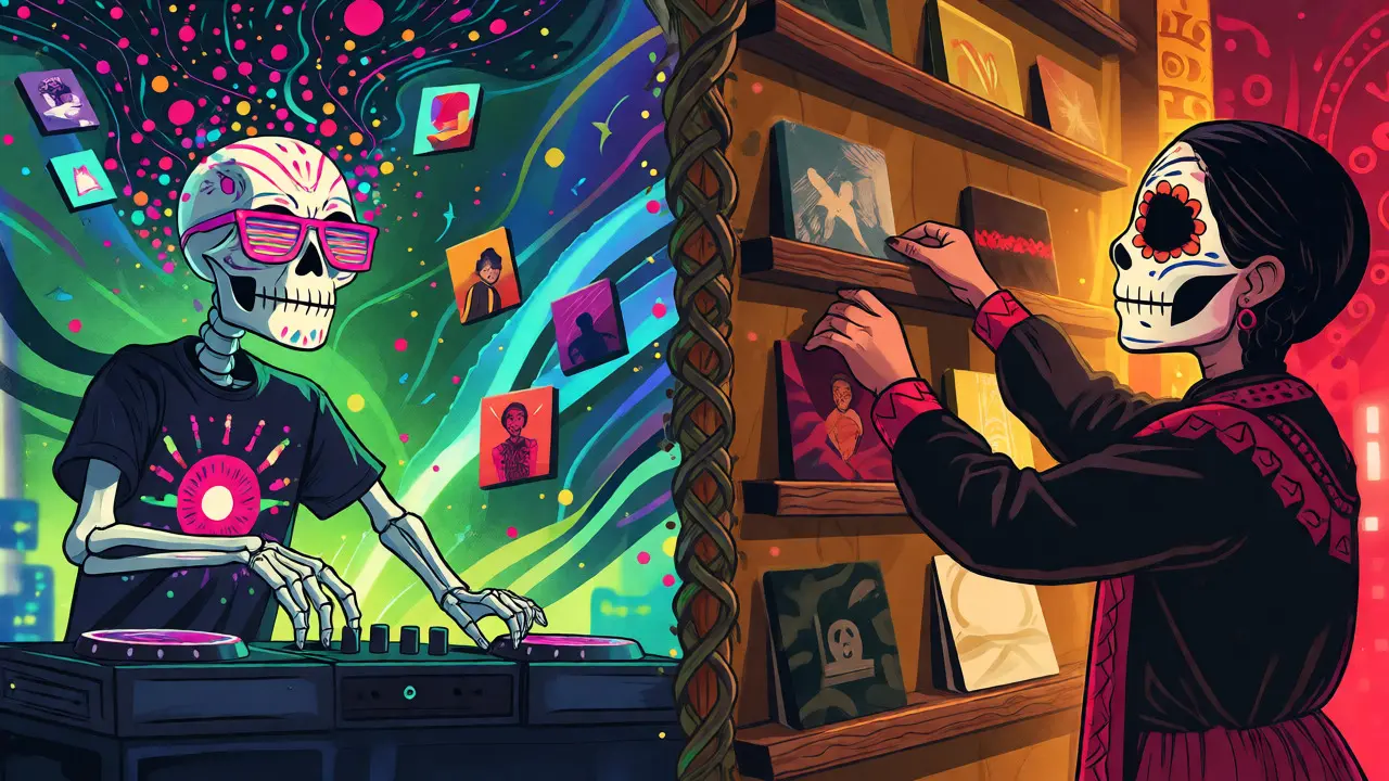 Split-screen cartoon of a skeleton DJ managing data streams versus a curator arranging podcasts.