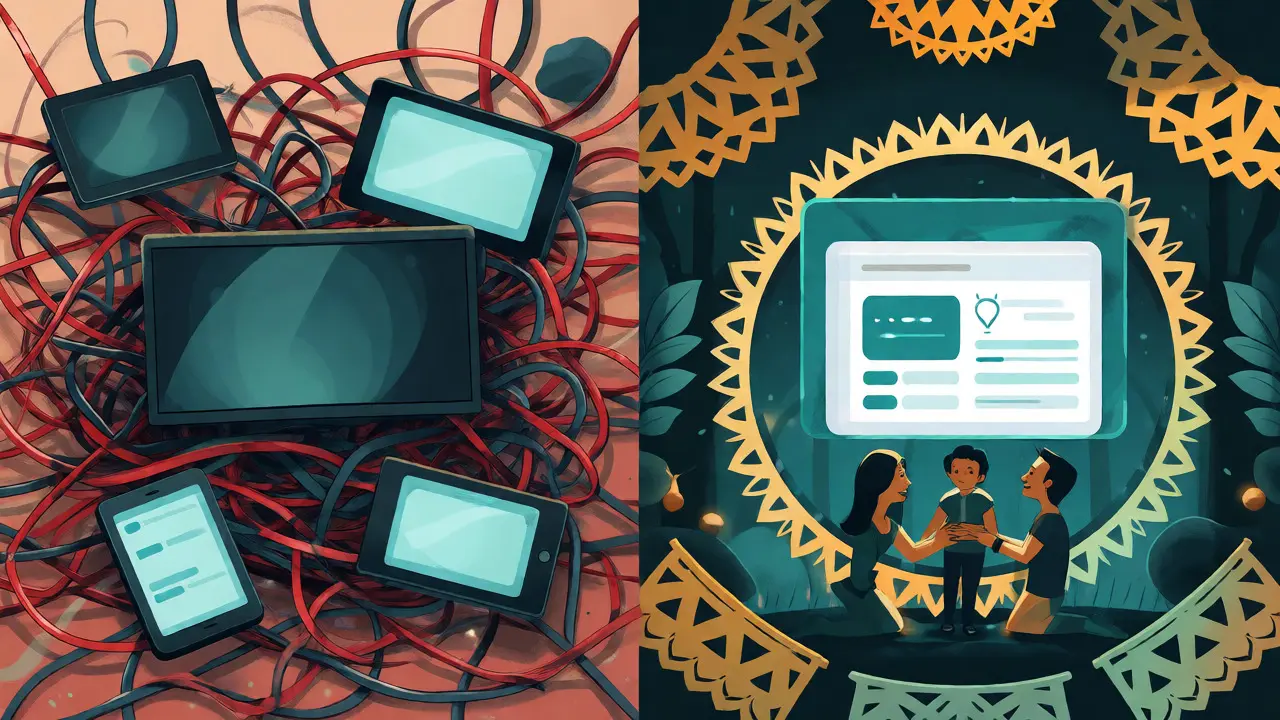 Split view of chaotic devices vs organized streaming controls