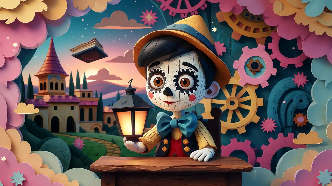 Stop-motion puppet character with lantern in fantasy setting