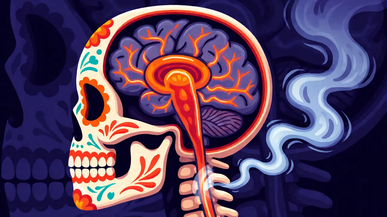 Stylized anatomical illustration of a brain's fear center activating within a sugar skull figure.