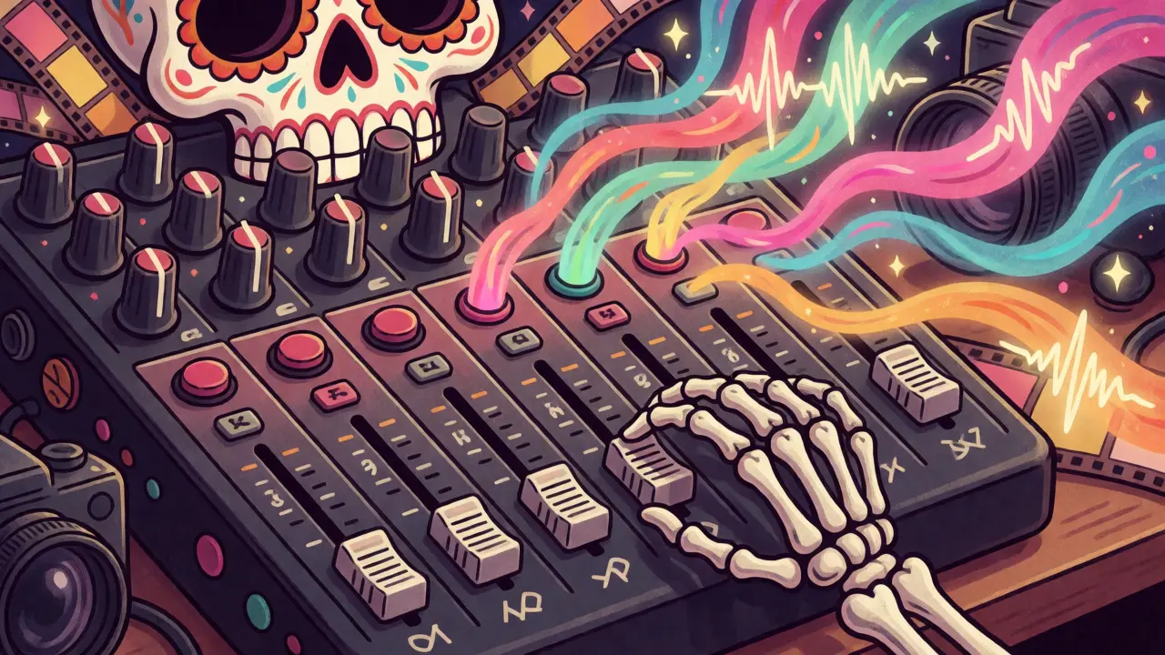 Sugar skull designed mixing console with flowing audio waves