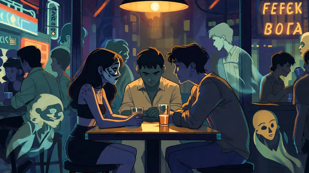 Three adults at a bar with ghostly past selves floating around them in NYC.