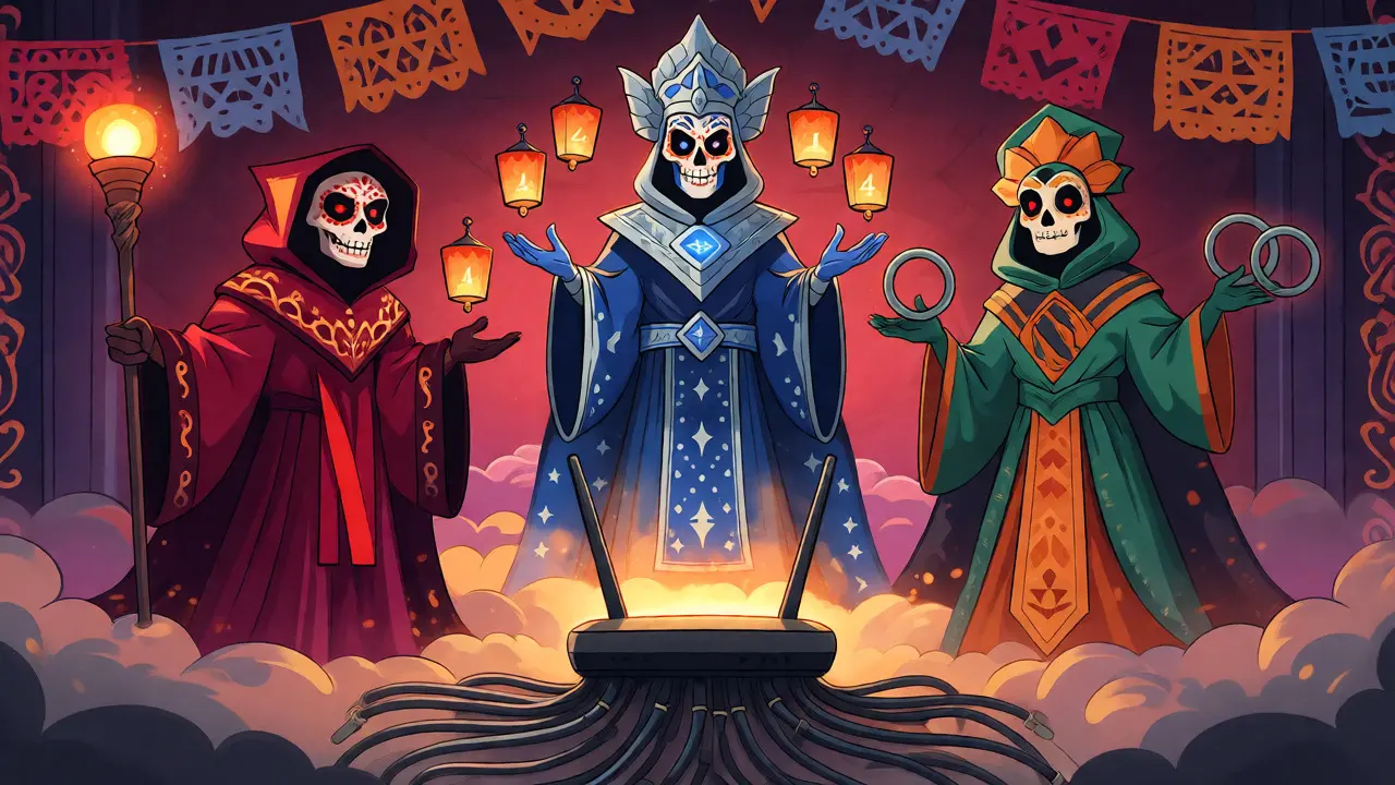 Three mythical guardians representing streaming services hovering over a glowing Wi-Fi router.