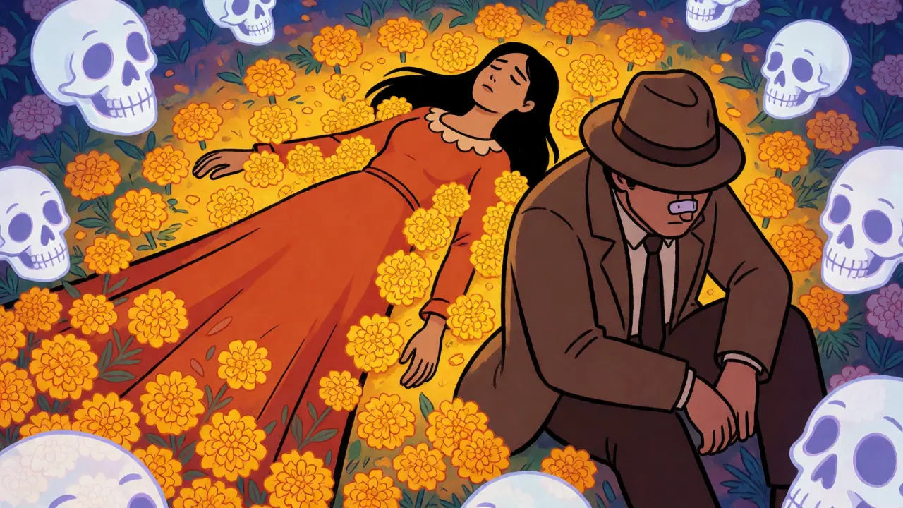 Tragic scene of a fallen woman and grieving detective surrounded by marigolds and floating skulls.