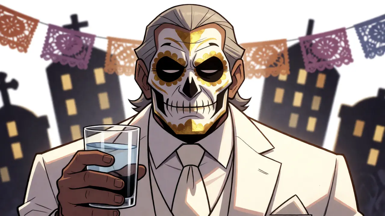 Villain in white suit with Day of the Dead makeup holding a glass of water against a city backdrop.