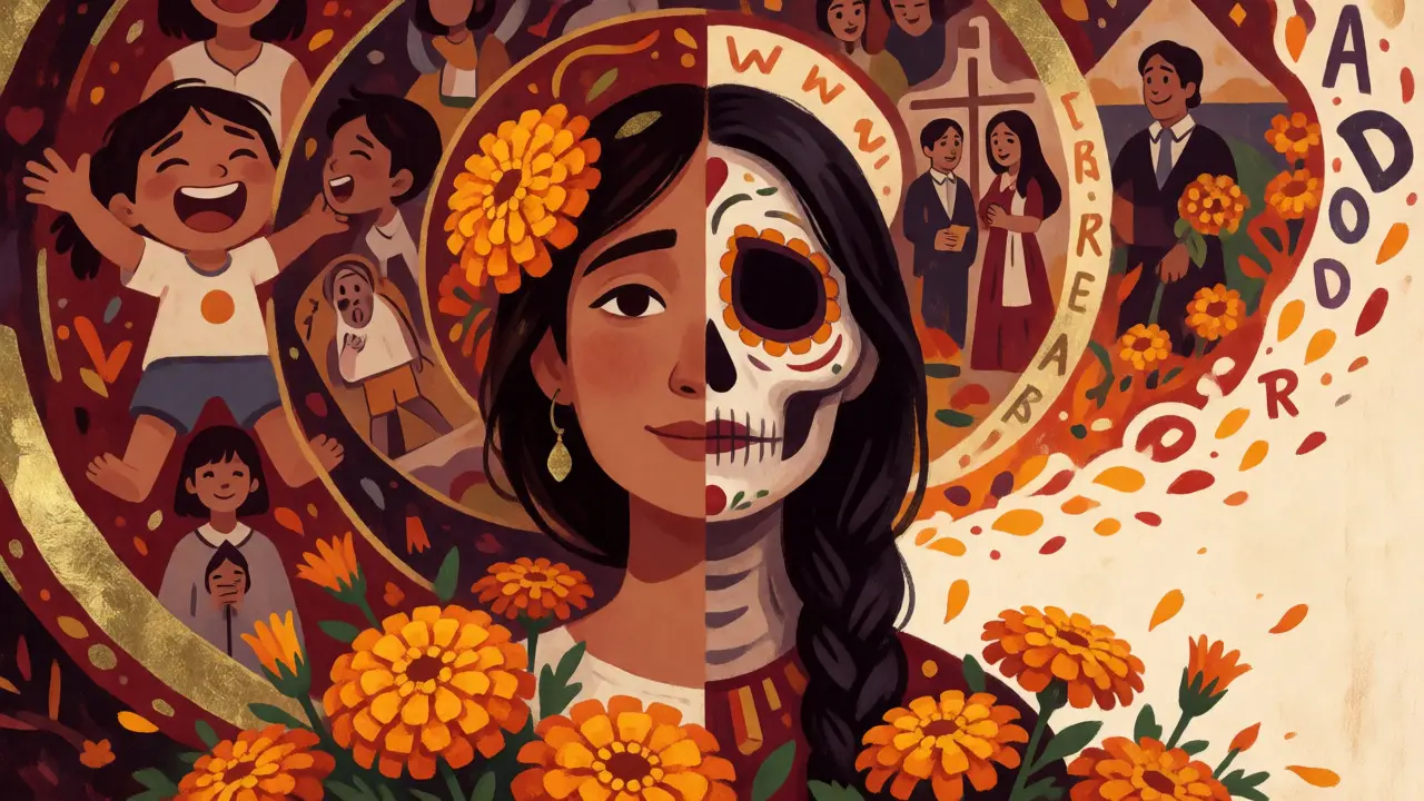 Woman's face reflects past and future amidst flowers
