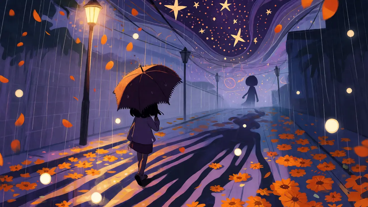 Woman walking in rain made of marigold petals, leaving a fading figure behind.