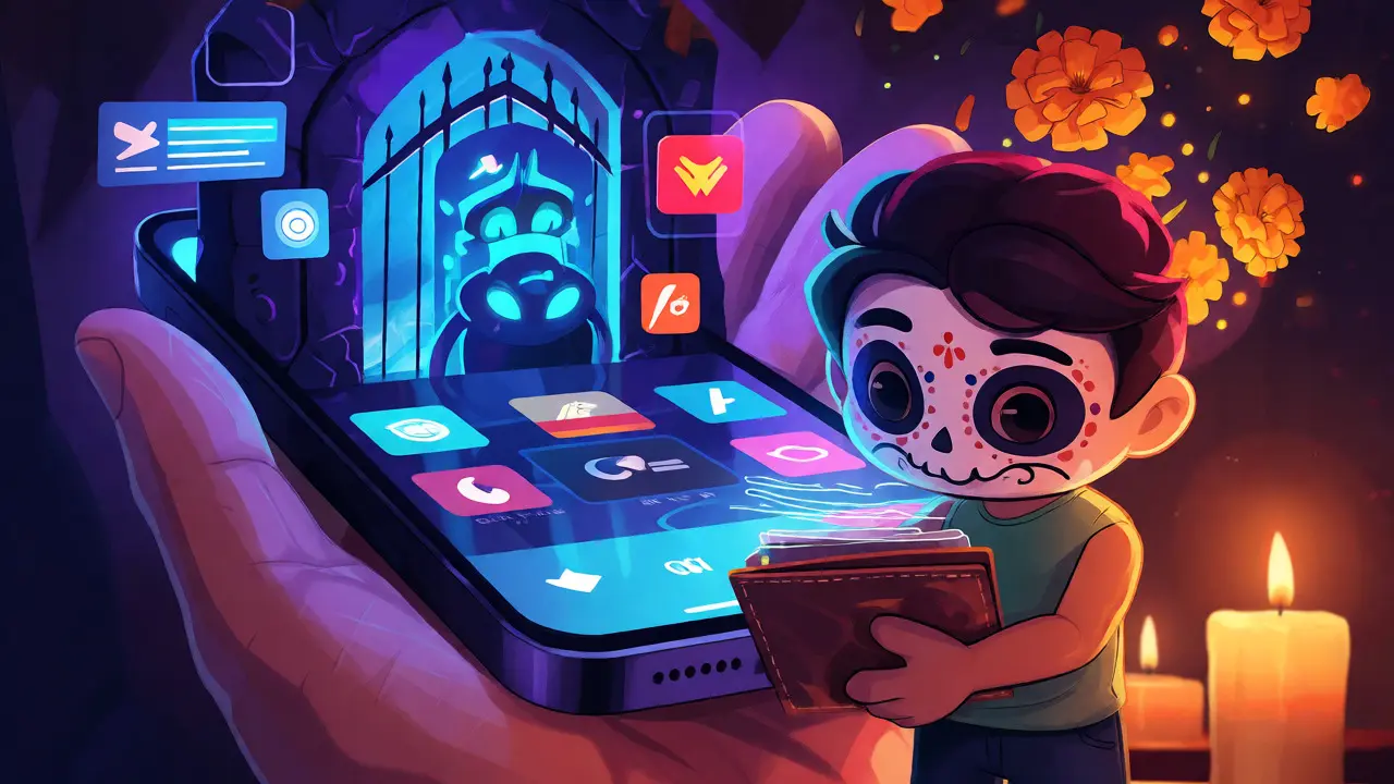A user facing a smartphone gate guarded by streaming logos in a surreal underworld scene.