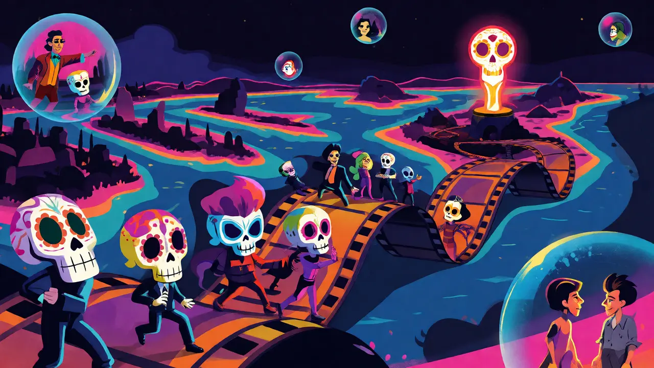 Abstract illustration of films traveling from Venice to Oscars using Day of the Dead motifs.