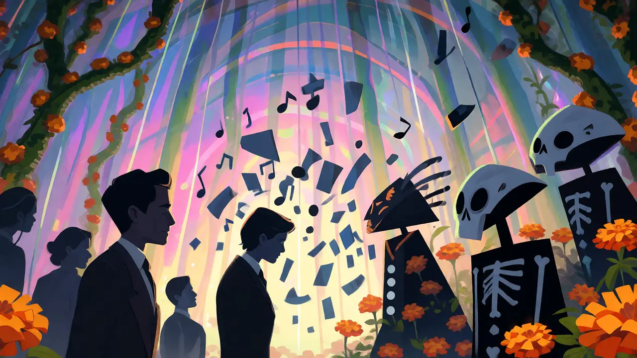 Abstract visual of humans and aliens separated by symbols