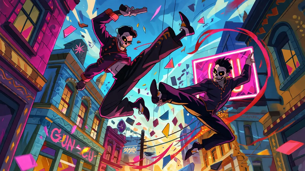 Acrobatic gun-fu fighters amidst exploding neon and glass, illustrative style.