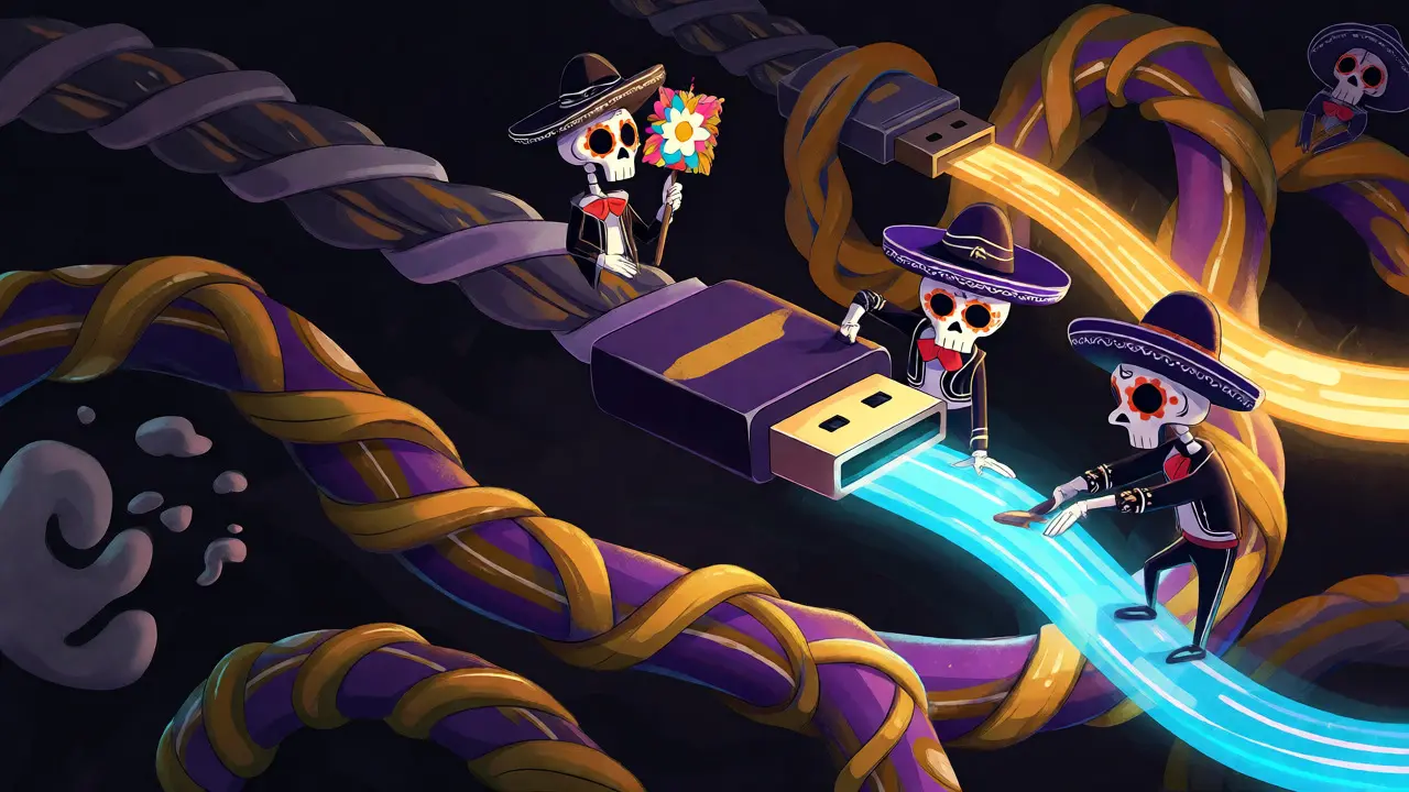 Animated skeletons managing glowing data cables in a surreal illustration