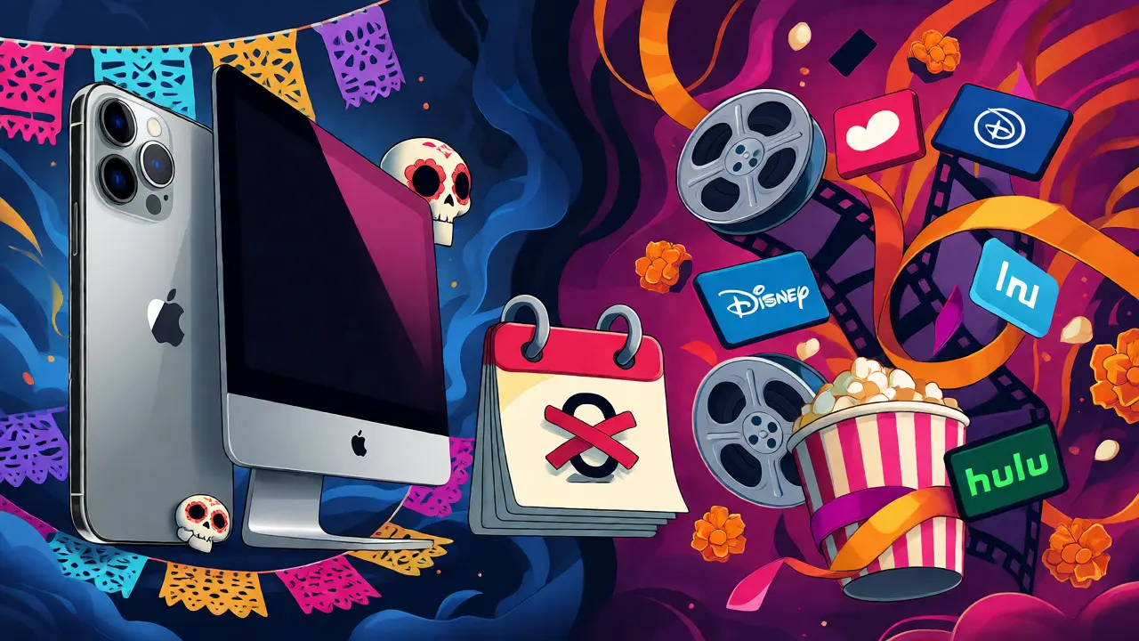 Apple devices and video bundles in festive illustration