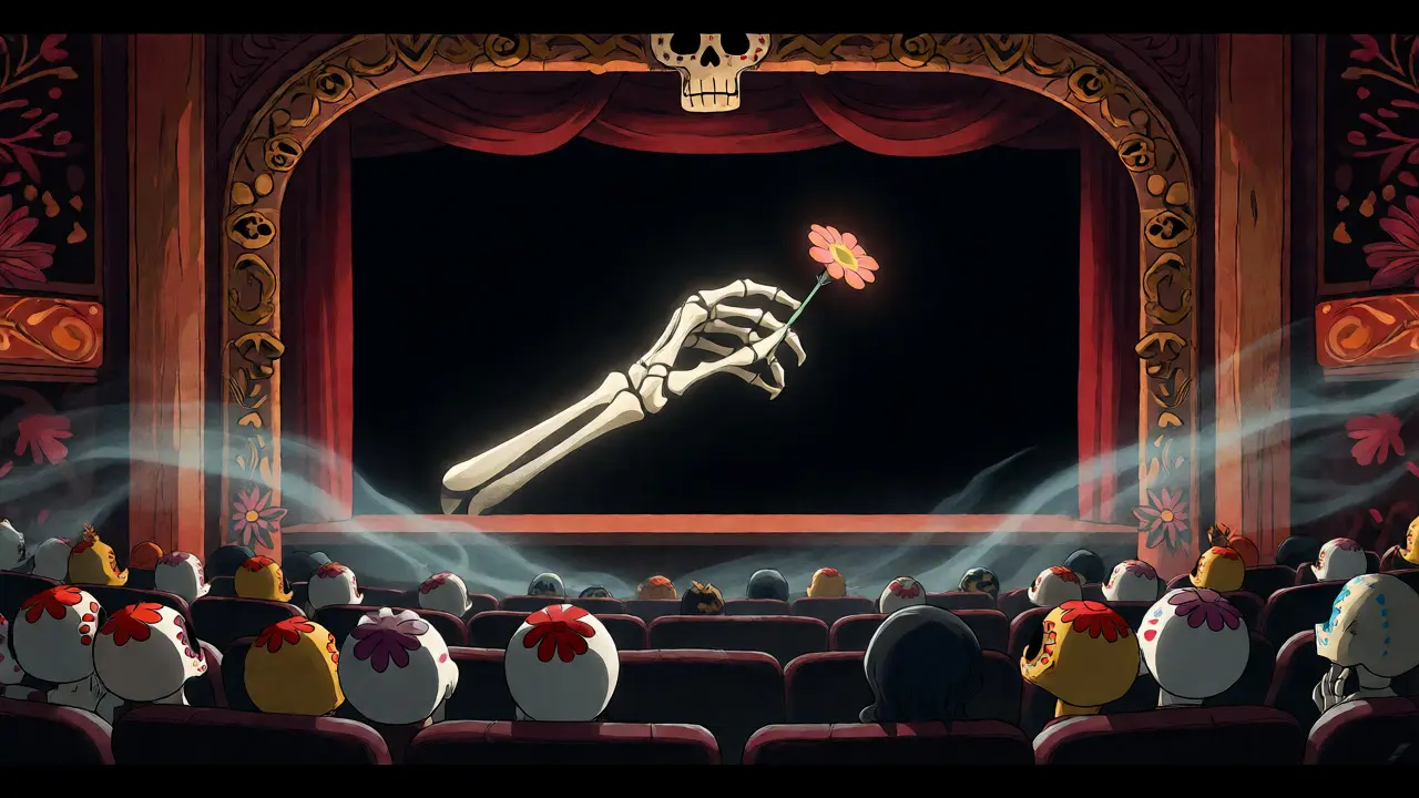 Audience of sugar skulls watching a glowing skeleton hand on a cinema screen