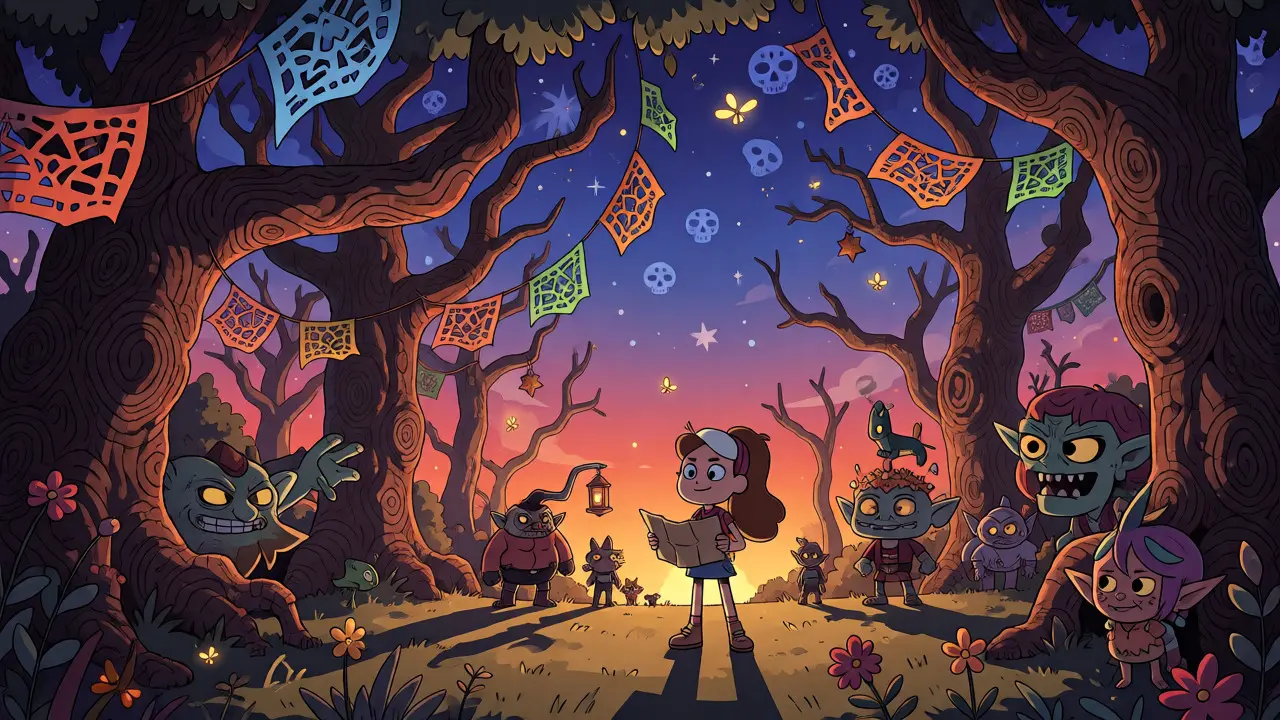 Brave girl in a magical forest with folklore creatures and paper banners.