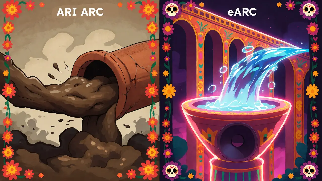 Comparison of narrow ARC pipe versus wide, flowing eARC channel using Mexican folk art aesthetics.