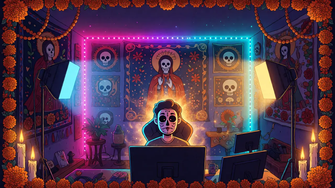Complete three-point lighting setup with background separation in festive cartoon style