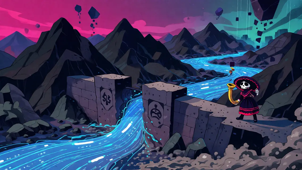 Conceptual illustration of bitrate bottlenecks using a constrained river metaphor in folk art style.