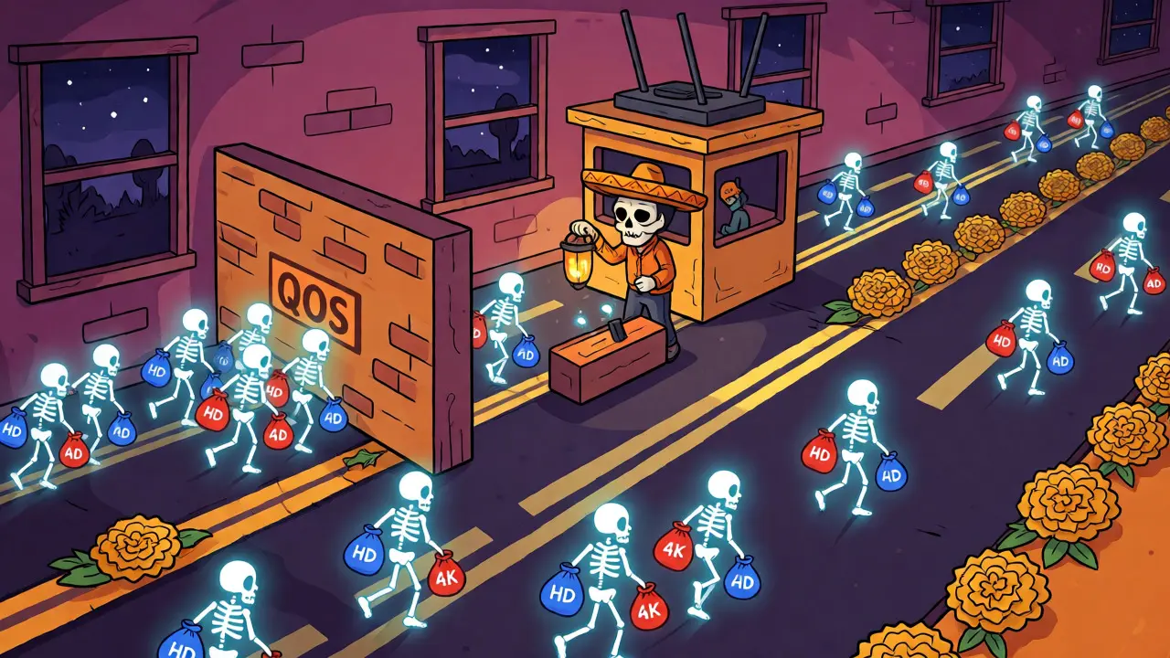 Conceptual illustration of data packets navigating network traffic lanes with QoS priority