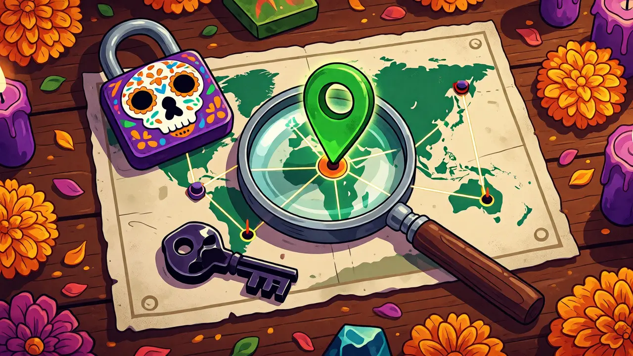Day of the Dead themed table with security icons and a magnifying glass