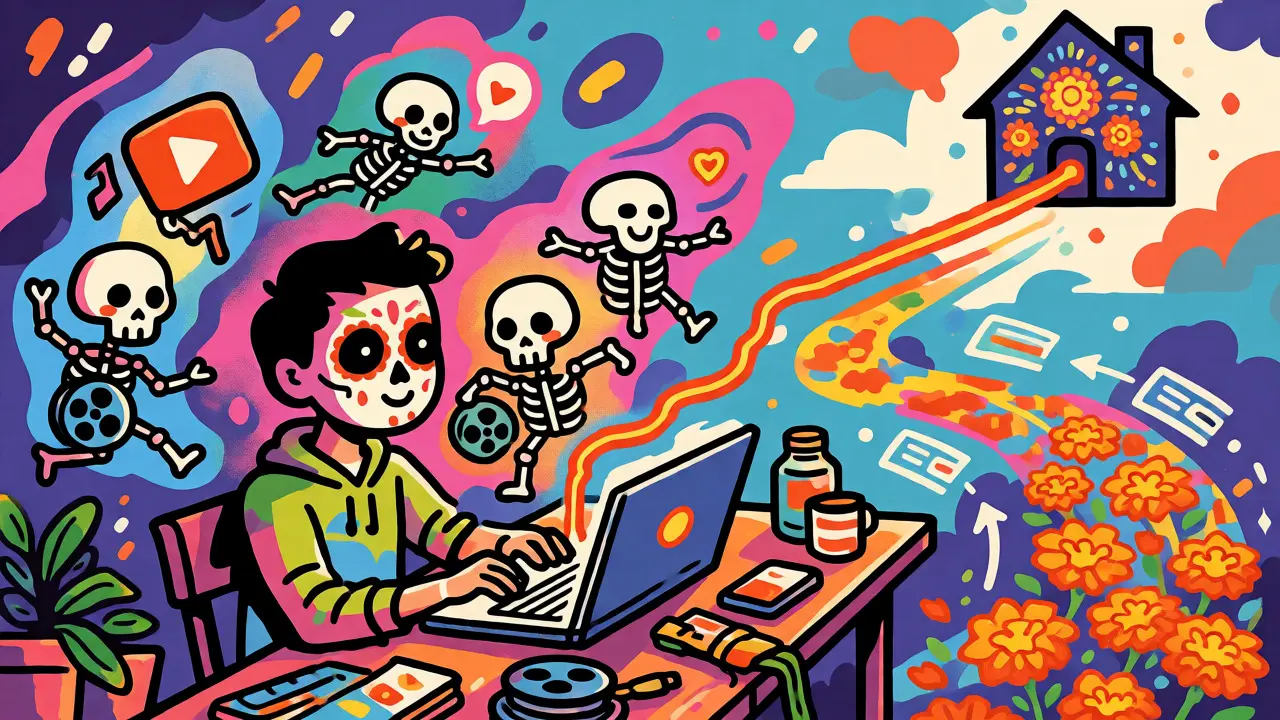 Digital nomad downloading shows, surrounded by skeleton spirits in Day of the Dead art.