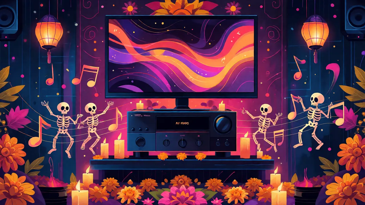 Festive home theater setup with dancing skeleton sound waves illustrating immersive Dolby Atmos audio.