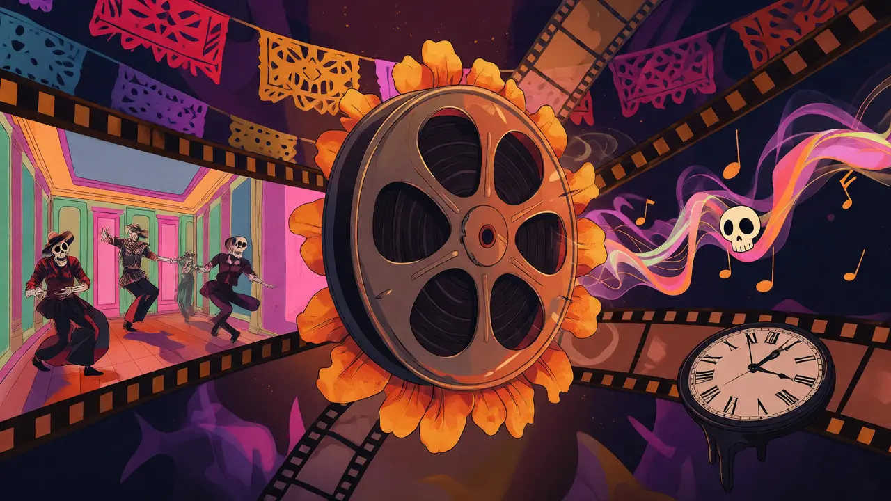 Film reel turning into marigolds surrounded by abstract symbols of editing and sound design.