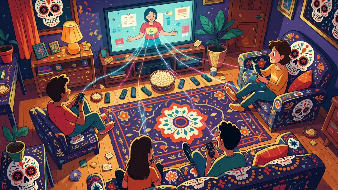 Four students sharing a TV in a decorated living room with sugar skull motifs and connection threads.