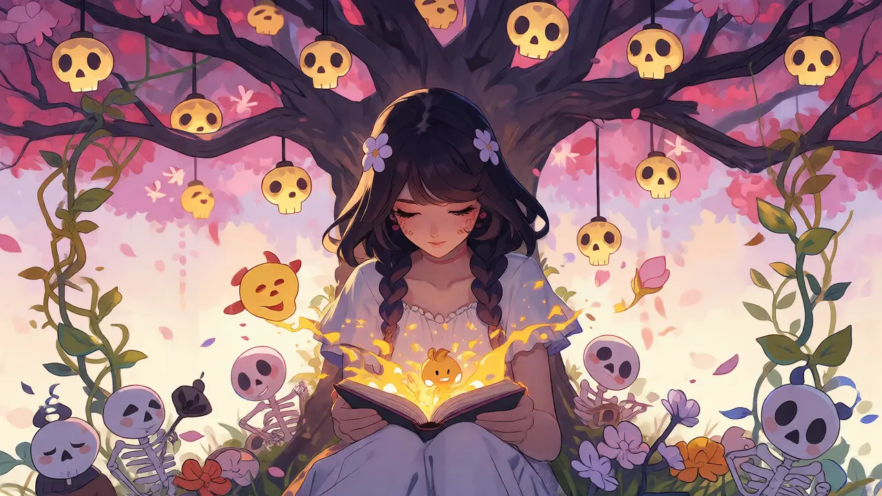 Girl reading under a lantern-adorned tree with golden light spirits