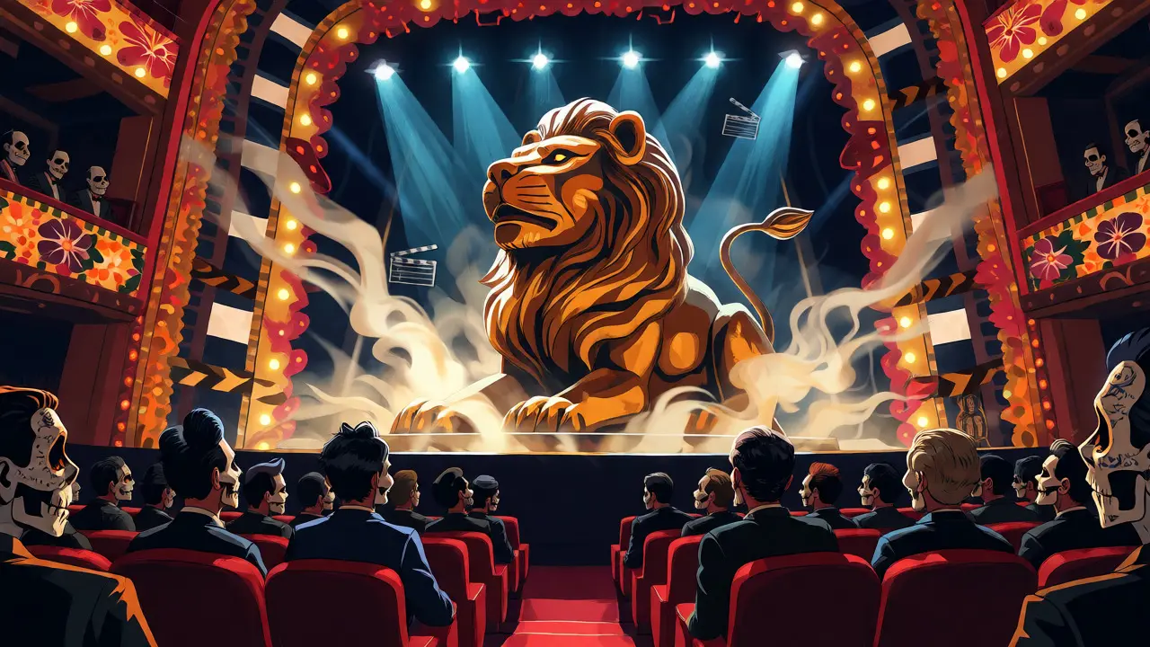 Golden Lion award ceremony depicted in Day of the Dead cartoon style with skeletal jury.
