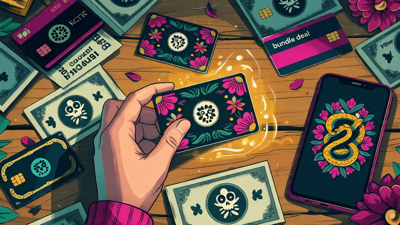 Hand finding hidden discounts among bills and cards