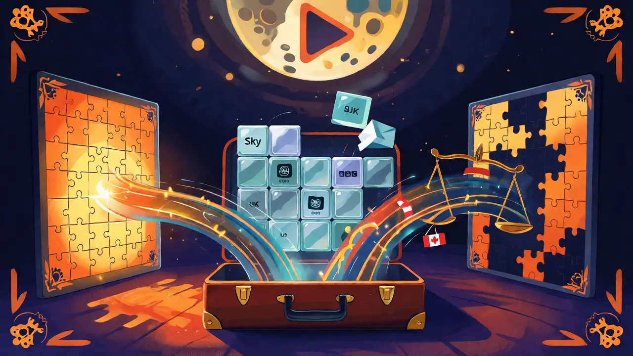 Illustration of digital streams blocked by broadcaster walls for UK and Canada
