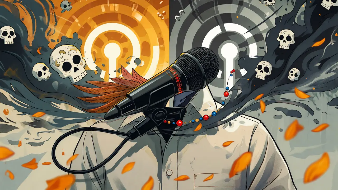 Lavalier mic surrounded by wind spirits and network signal visuals