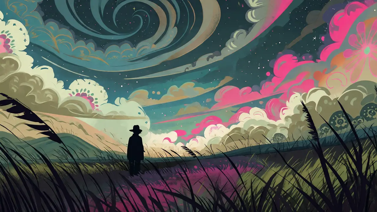 Lone silhouette standing in a vast, stylized rural landscape with swirling skies.