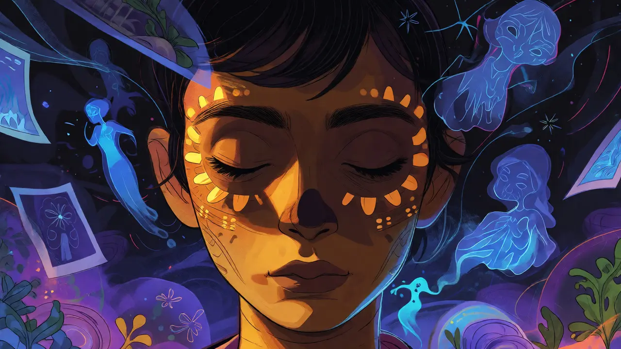 Meditating face surrounded by ghostly memories and Day of the Dead patterns.