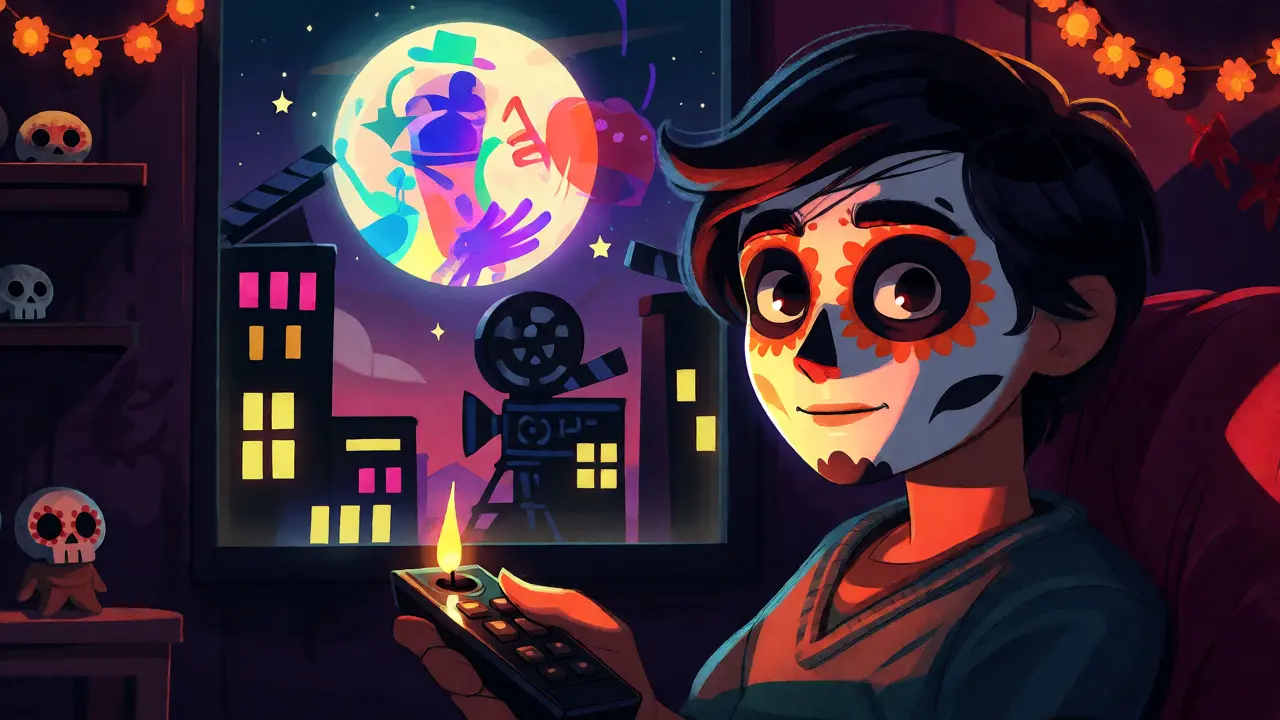 Person watching movies in a room decorated with Day of the Dead motifs and glowing lights.