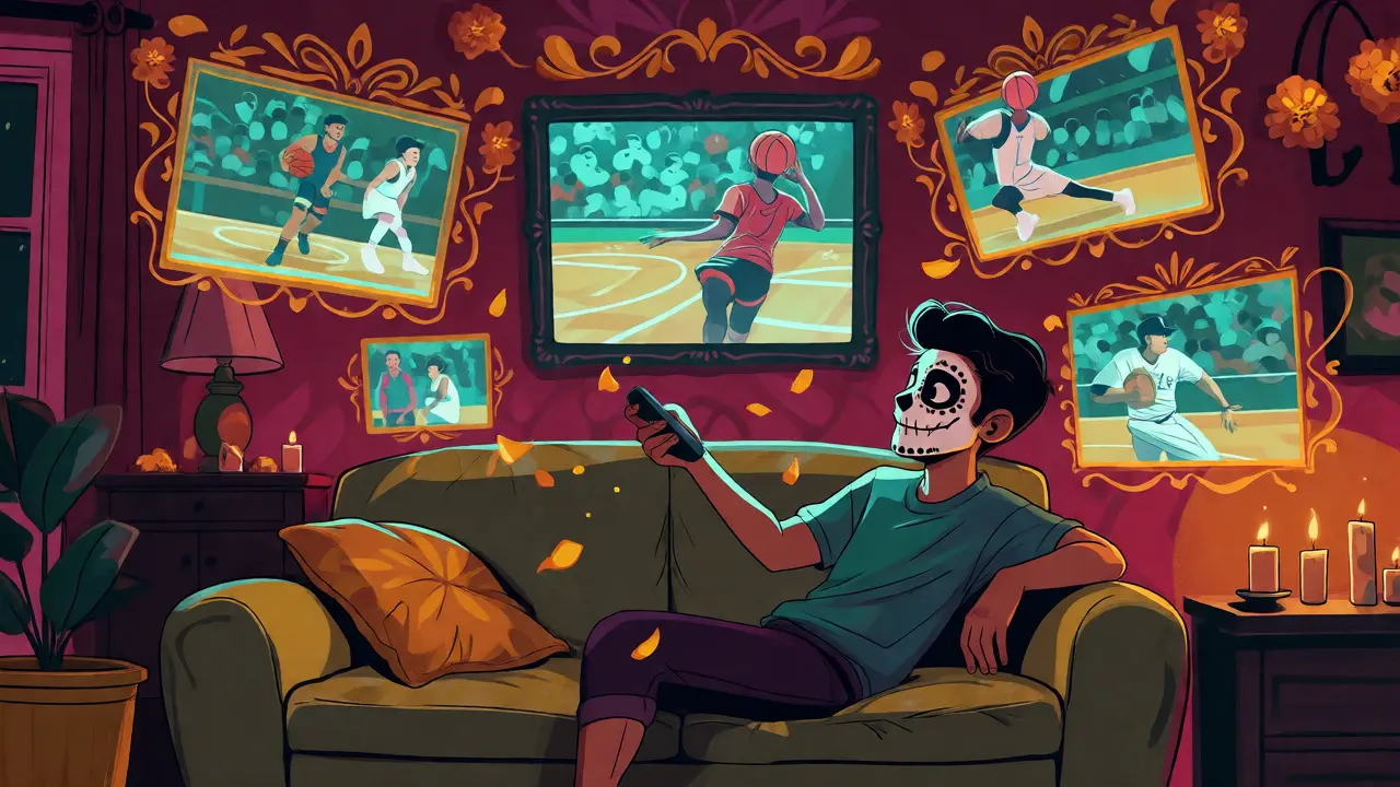 Person watching sports on floating screens in a festive living room