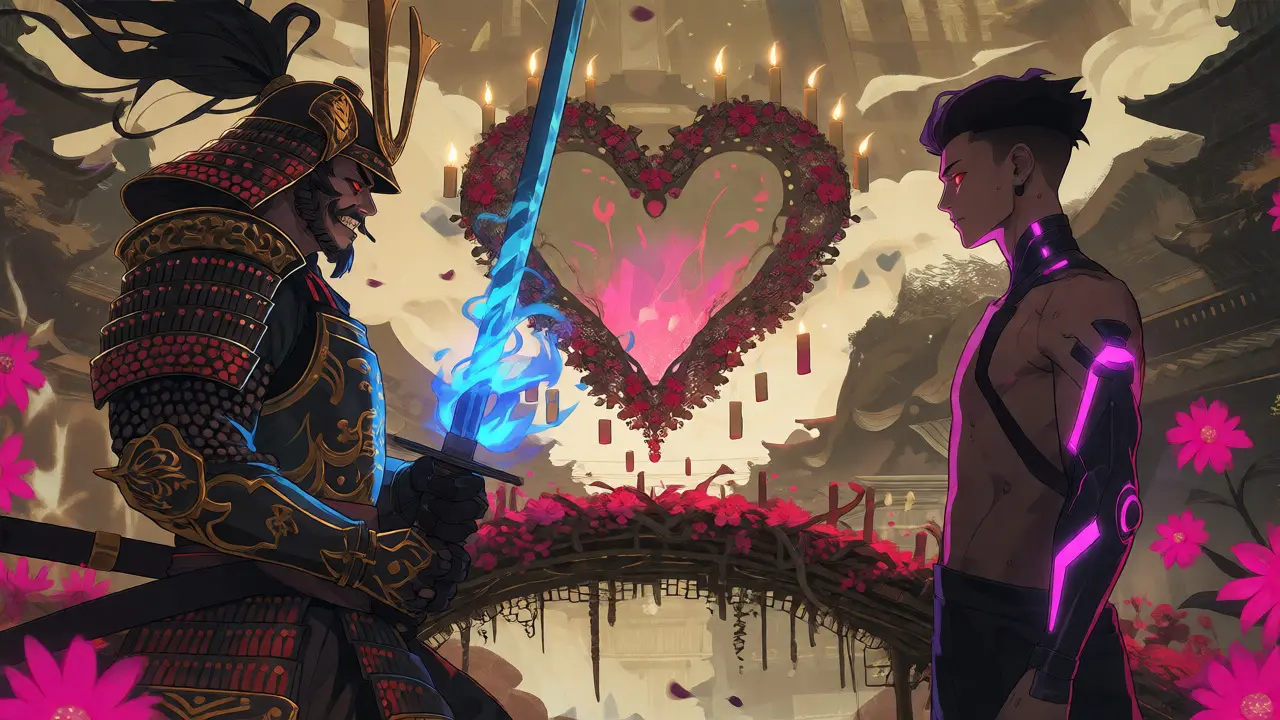 Samurai and cyborg facing off on a flower bridge with neon accents
